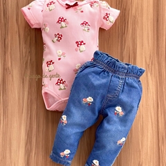 Conjunto Body Cogumelos e Calça Jeans Bordada Ursinha Bella