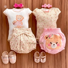 Conjunto Body Floral e Tapa Fralda Bordado Fofinho Ursinha Melissa