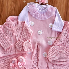 Saída Maternidade Tricot Bordada 4 Peças Margaridinhas