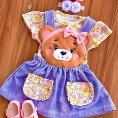 Salopete Algodão Jeans Bordado Fofinho com Body Ursinha Lily