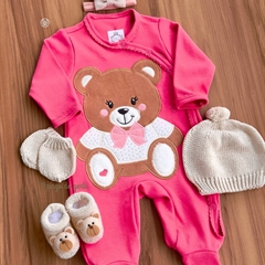 Macacão Algodão Abertura Quimono Bordado Fofinho Ursinha Cora