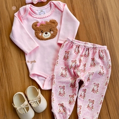 Conjunto Body Bordado e Calça Plush Ursinha Luna