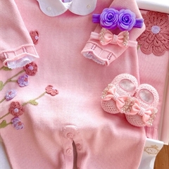 Saída Maternidade Tricot Bordada 3 Peças Florale